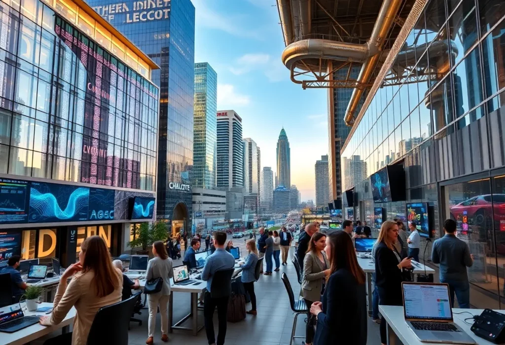 A vibrant image representing the integration of AI in Charlotte's workforce with modern buildings and professionals working together.