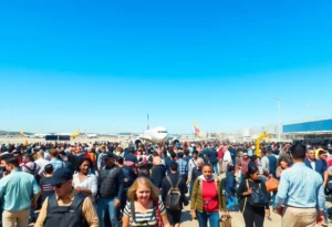 A busy scene at Charlotte Douglas International Airport with passengers and planes.