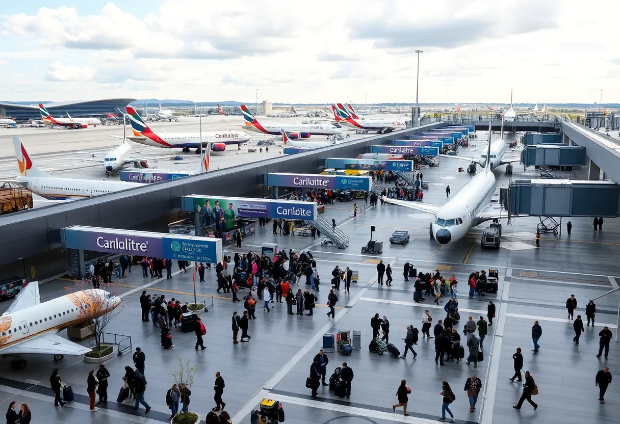 Busy scene at Charlotte Douglas International Airport with travelers and airplanes.