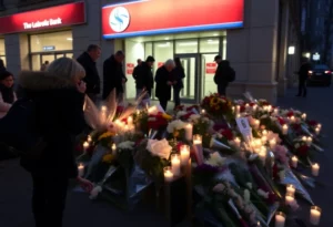 Memorial at the site of the Charlotte bank shooting, with flowers and candles