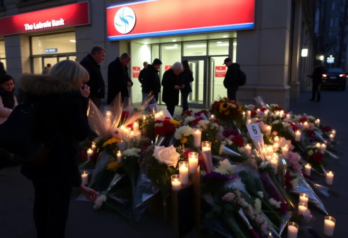 Memorial at the site of the Charlotte bank shooting, with flowers and candles