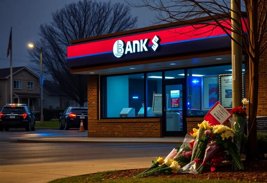 Memorial flowers near a bank branch in Charlotte after a shooting incident.