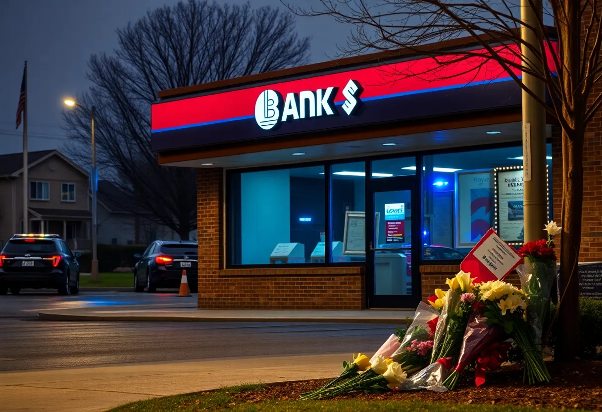 Memorial flowers near a bank branch in Charlotte after a shooting incident.