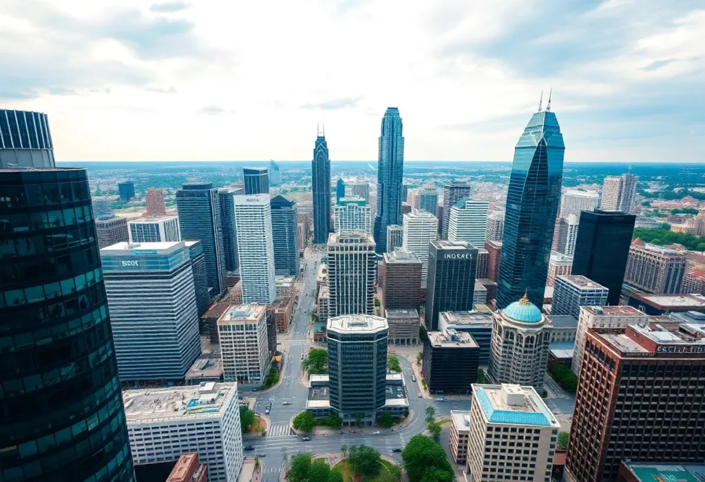 Aerial view of Charlotte, NC with skyscrapers and businesses.