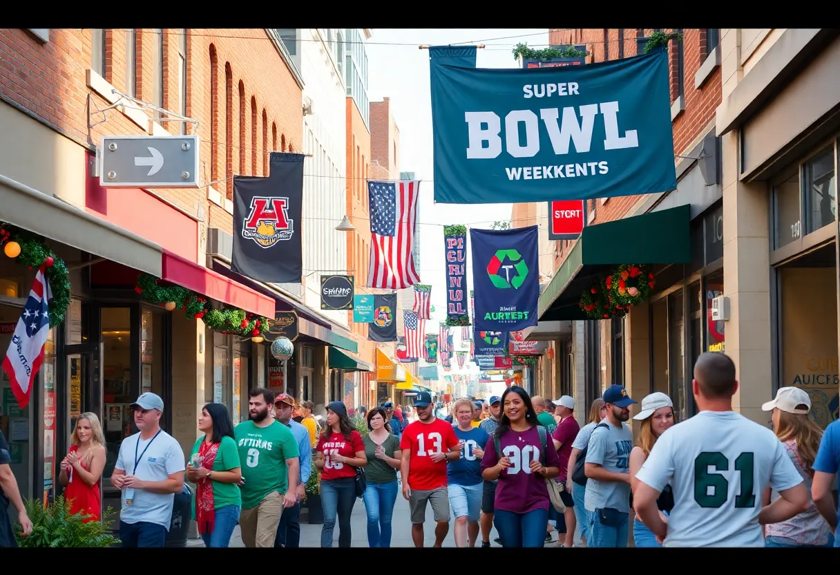 Charlotte businesses preparing for Super Bowl weekend with decorations and local community engagement.