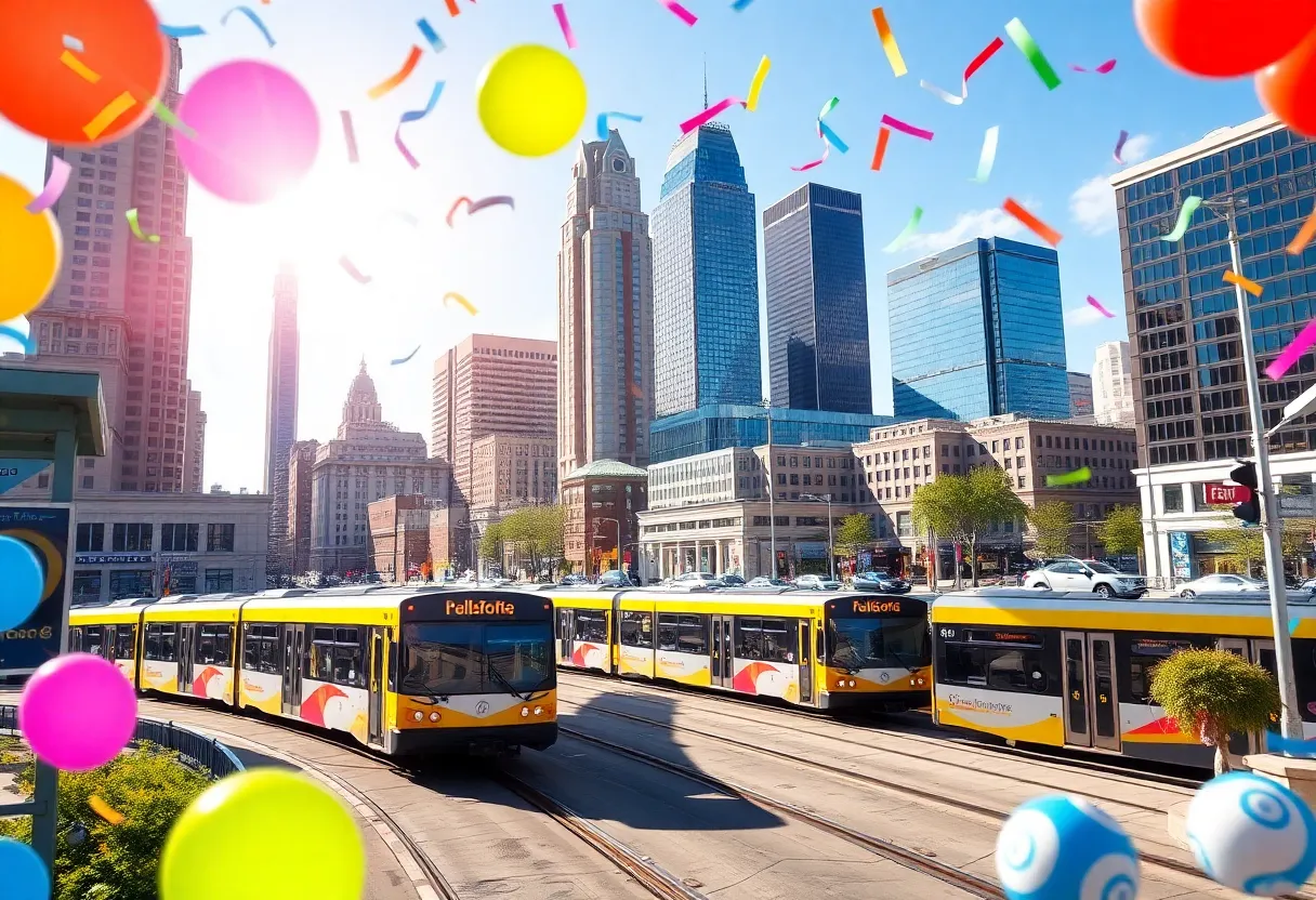 Cityscape of Charlotte celebrating a significant lottery win and reviewing transit safety.