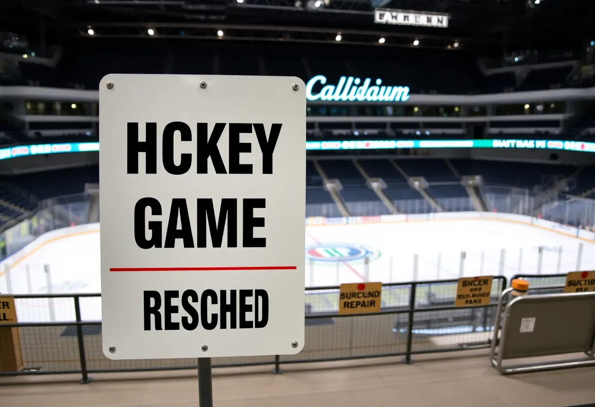Sign indicating Charlotte Checkers game rescheduled due to roof repairs.