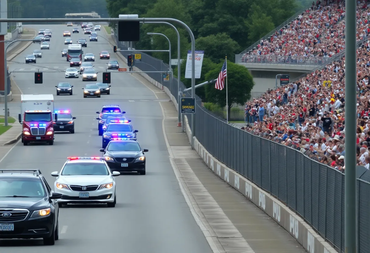 Scene of a fatal collision investigation in south Charlotte with emergency vehicles and a NASCAR race finish.