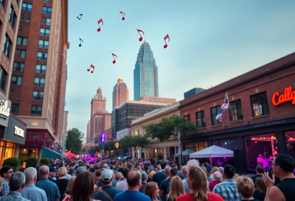 Busy street scene in Charlotte, with people enjoying local events.