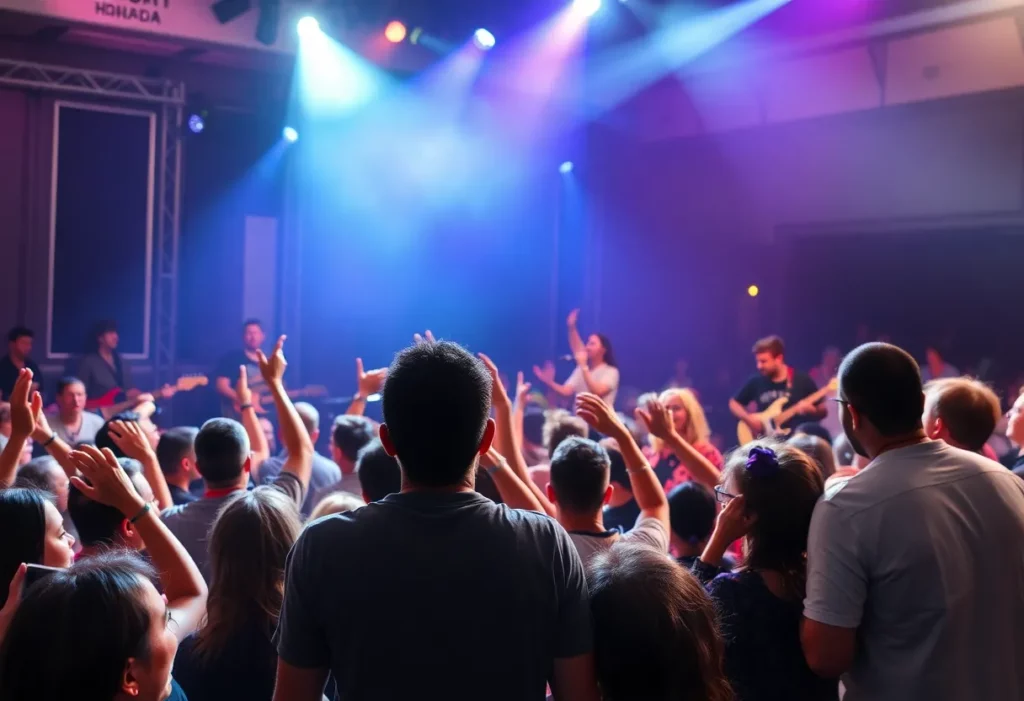 A lively concert in Charlotte with musicians performing and an engaged audience.