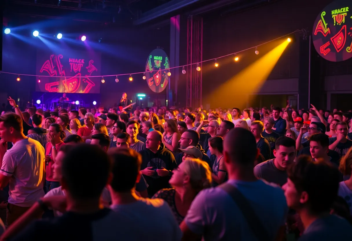 A vibrant live concert in Charlotte with a diverse crowd