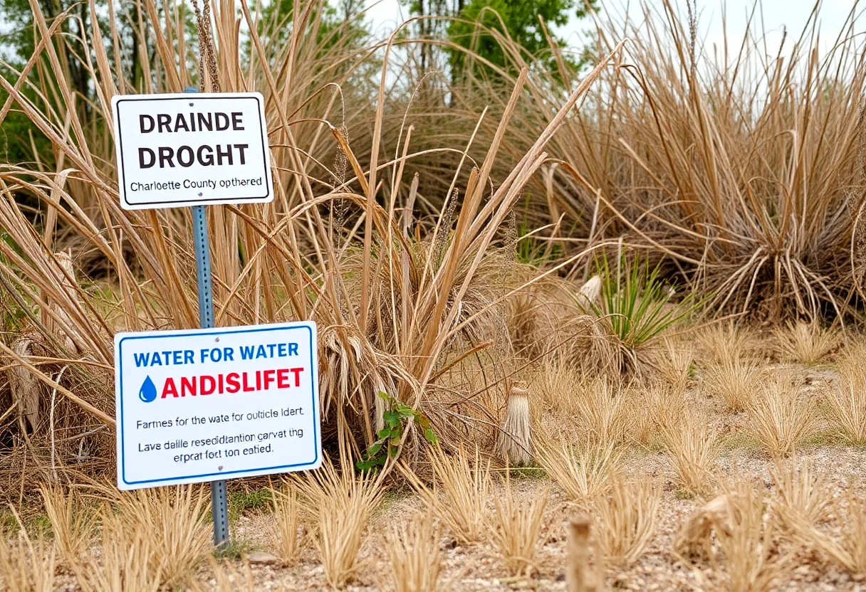 Drought-affected landscape in Charlotte County with water conservation reminder.