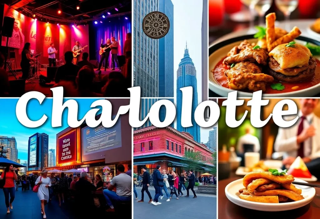 A collage of cultural events and culinary experiences in Charlotte, NC.
