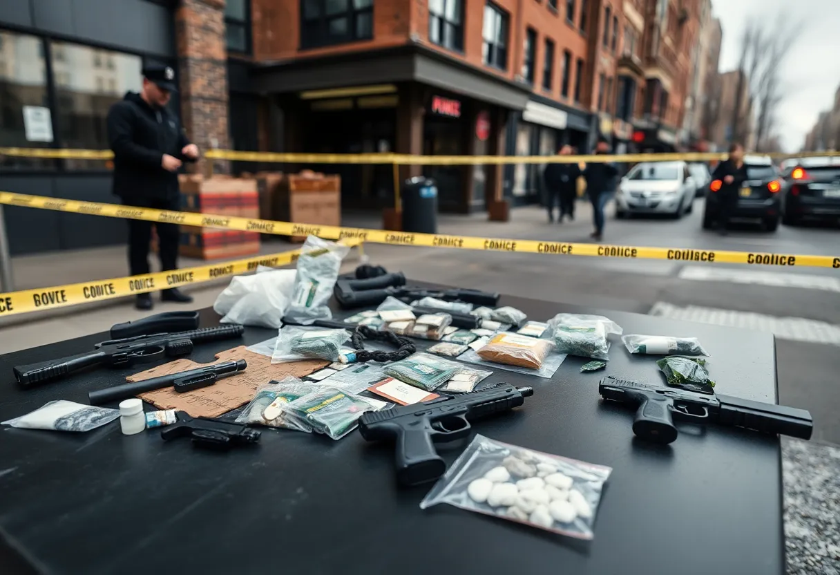 Police investigation scene in Charlotte with seized drugs and firearms.
