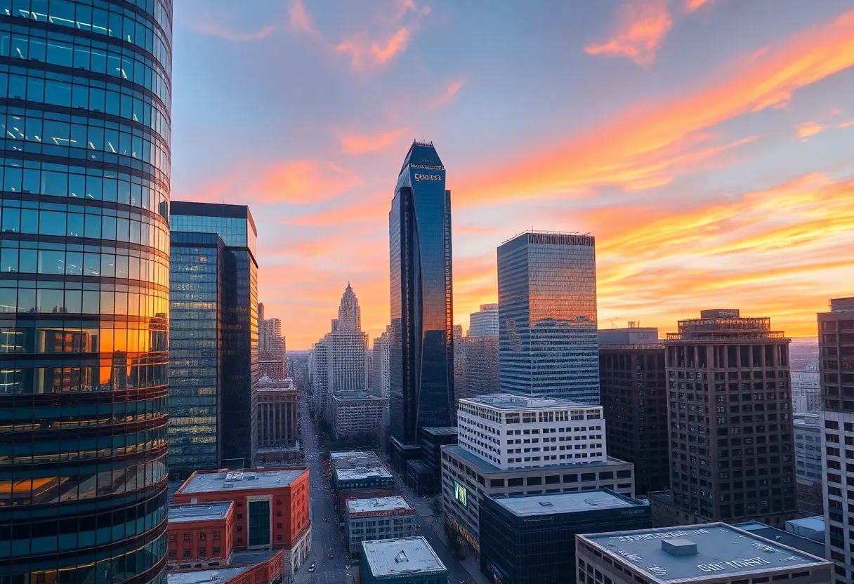 Cityscape of uptown Charlotte with modern buildings and skylines