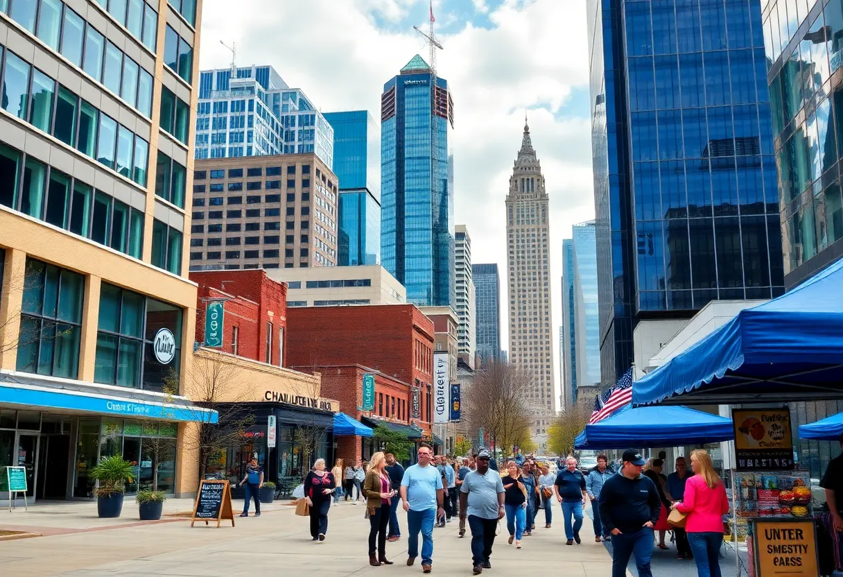 Cityscape of Charlotte, NC highlighting local businesses and community interactions.