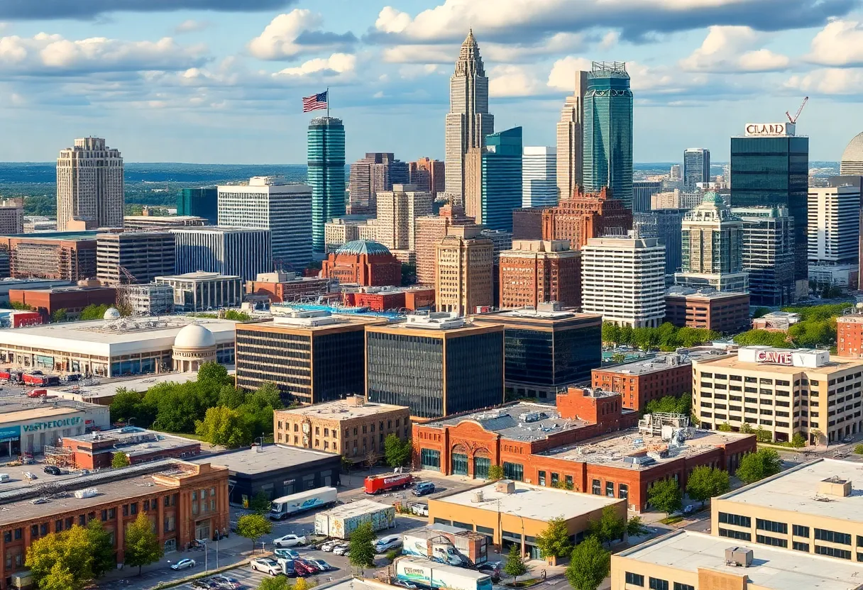 A view of Charlotte's skyline with modern buildings and signs of local businesses.