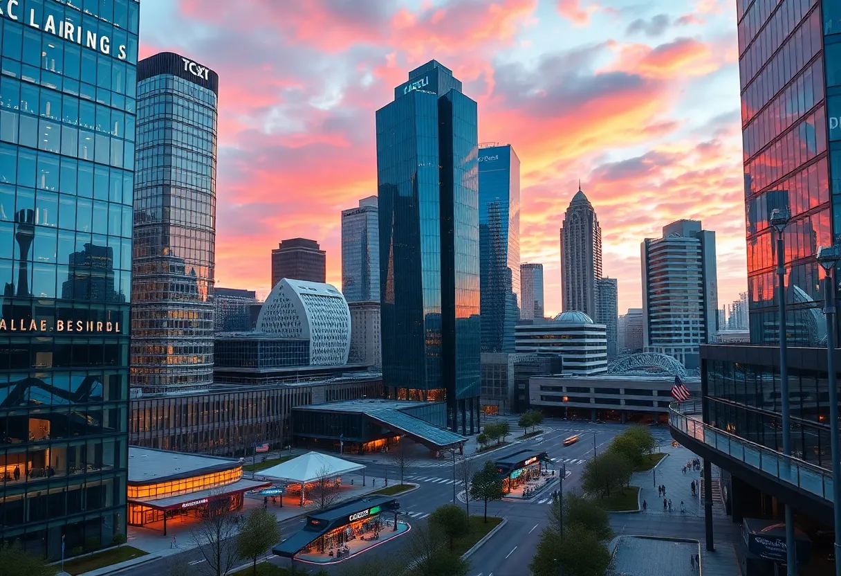 Aerial view of Charlotte with a focus on financial institutions and innovation hubs.
