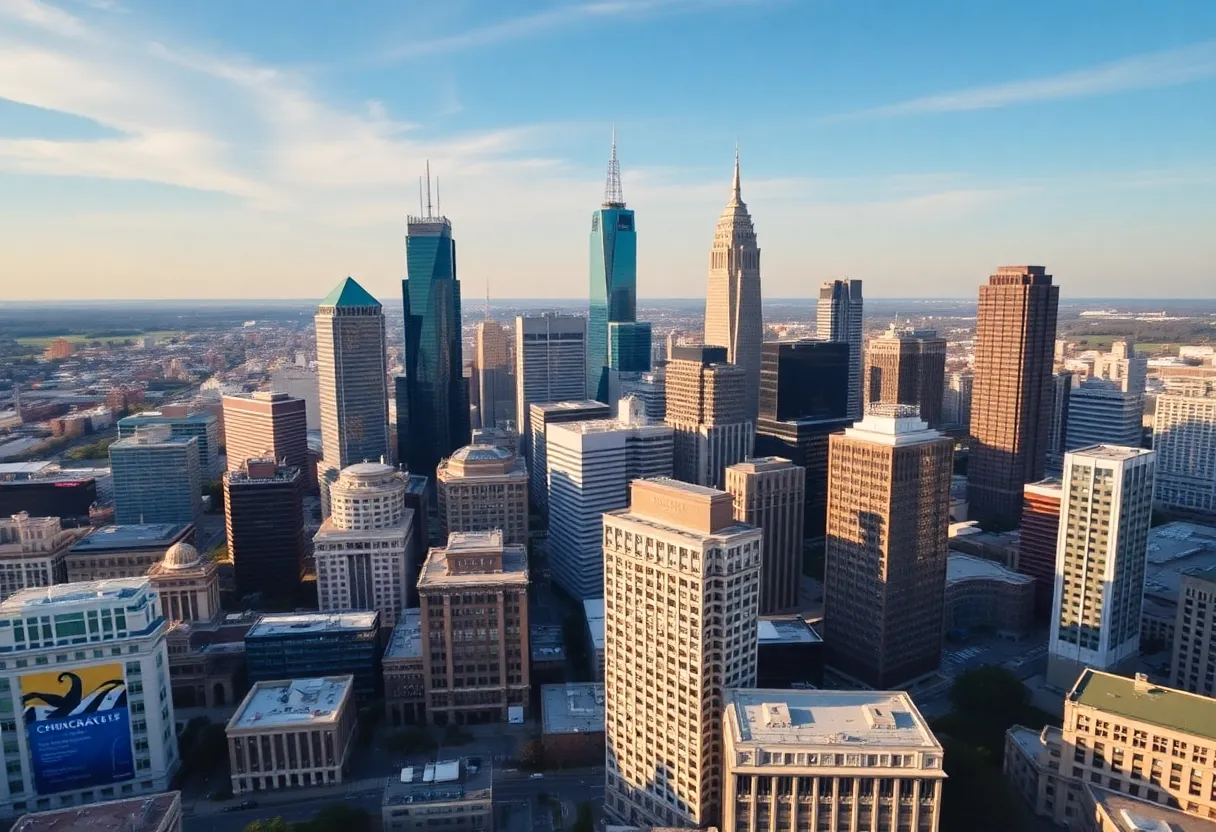 Aerial view of Charlotte NC showcasing financial district buildings.