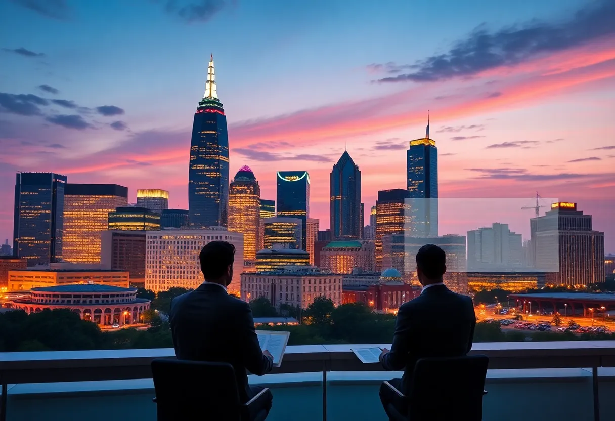 Skyline of Charlotte North Carolina with business professionals illustrating economic growth