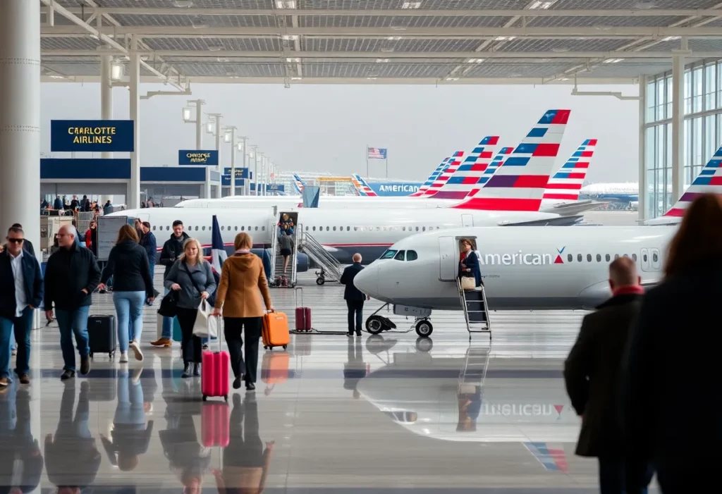 Passengers boarding an American Airlines flight at Charlotte Douglas International Airport.