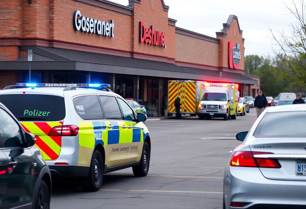 Emergency vehicles in the parking lot of a grocery store after a shooting incident