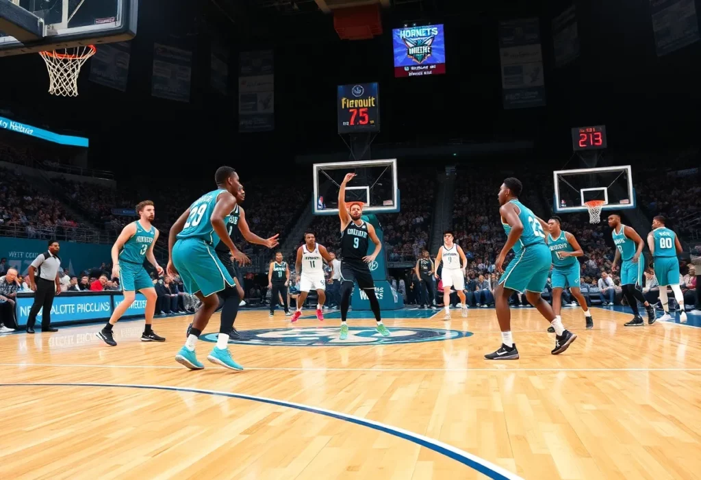 Charlotte Hornets players strategizing on the basketball court ahead of the trade deadline.
