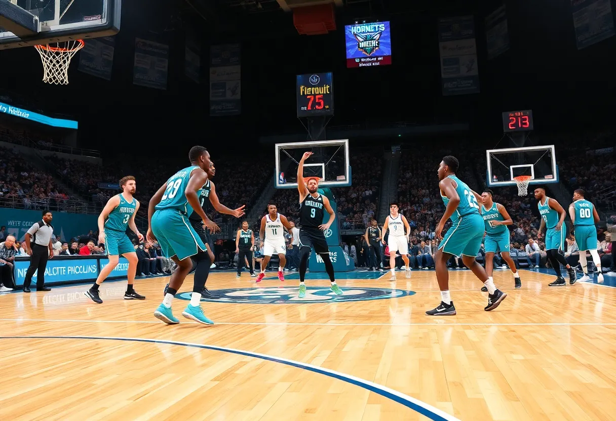 Charlotte Hornets players strategizing on the basketball court ahead of the trade deadline.
