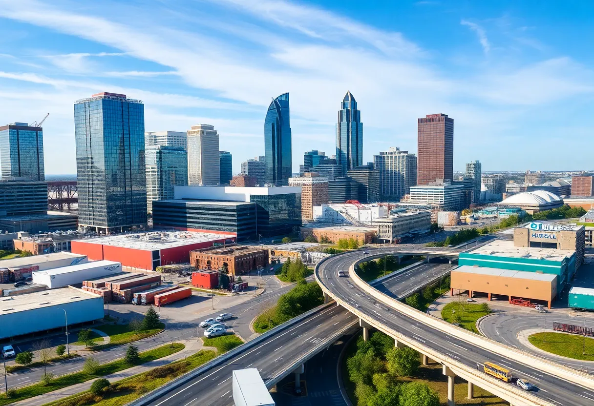 The industrial landscape of Charlotte, North Carolina, featuring modern buildings in a bustling commercial area.