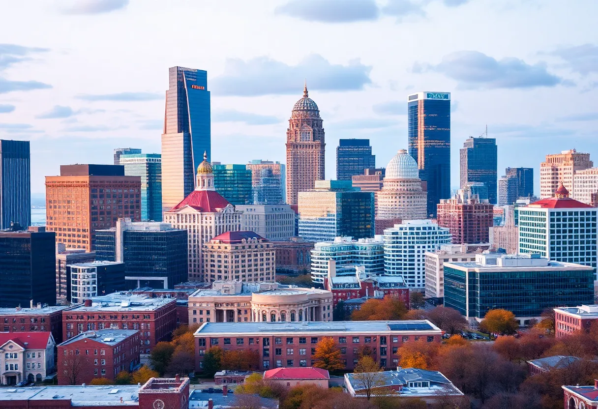 A panoramic view of Charlotte highlighting its evolving job market with healthcare and tech elements.