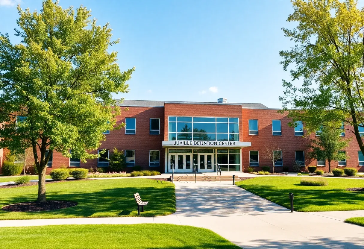 Exterior view of the Charlotte juvenile detention center surrounded by greenery