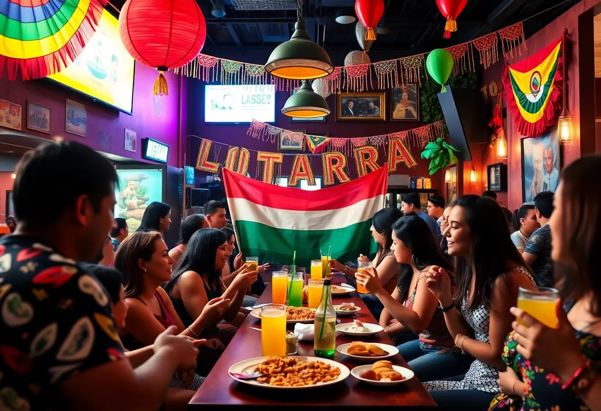 Community celebration at a Latino restaurant in Charlotte after Bad Bunny's Super Bowl performance.
