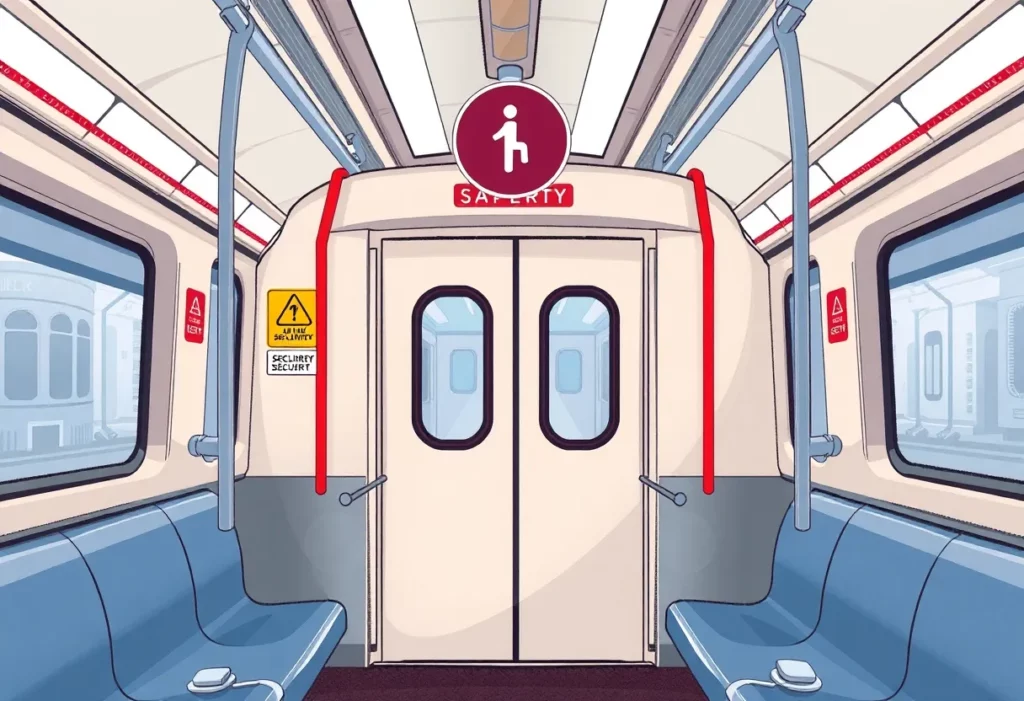 Interior view of a Charlotte light rail train highlighting safety features.