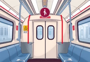 Interior view of a Charlotte light rail train highlighting safety features.