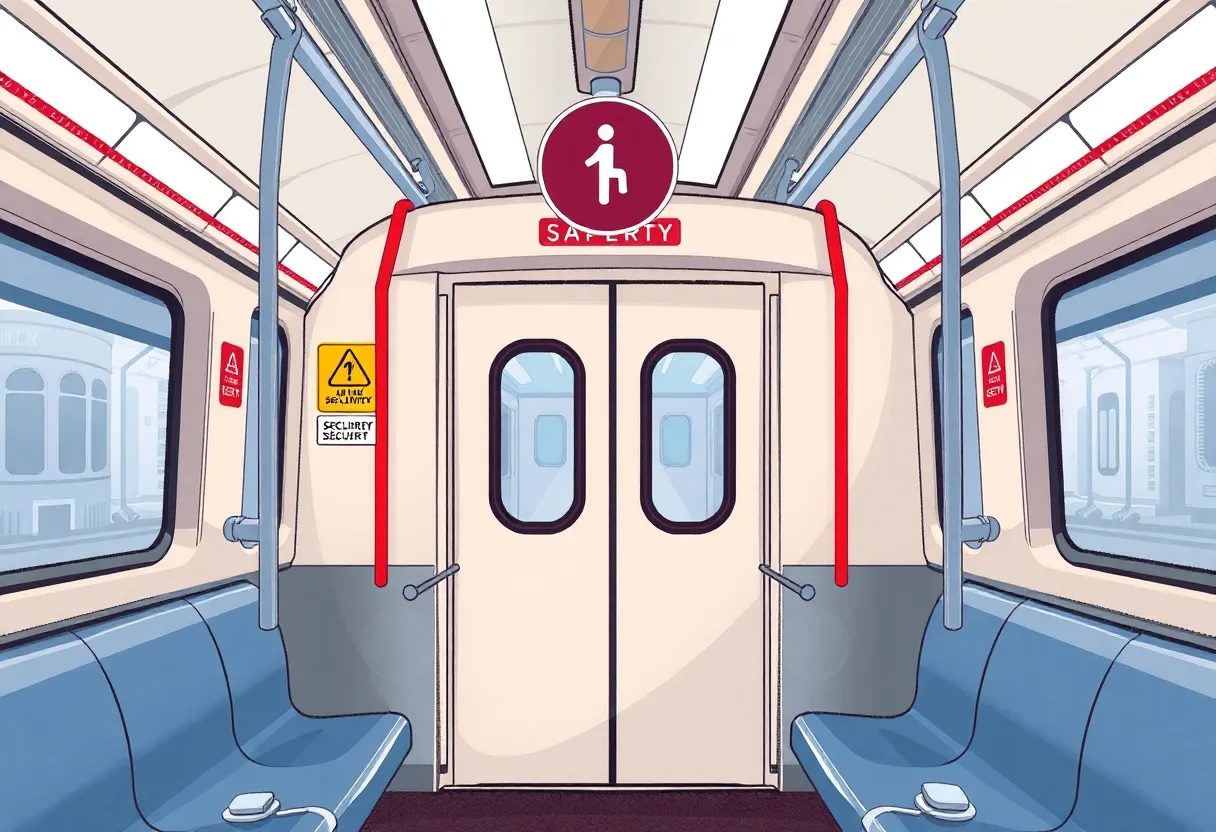 Interior view of a Charlotte light rail train highlighting safety features.