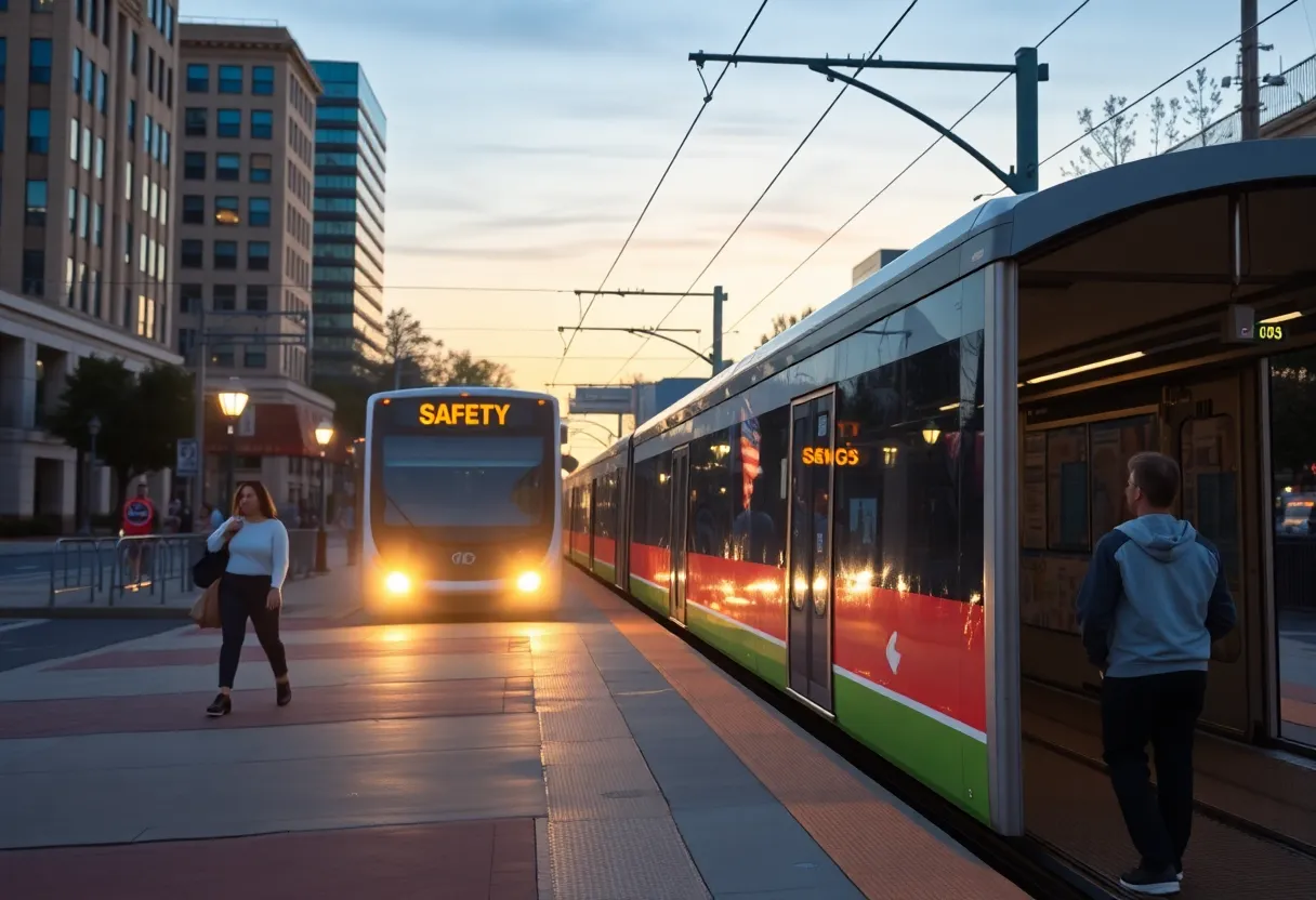 Evening view of a light rail train station in Charlotte, North Carolina, highlighting security measures.