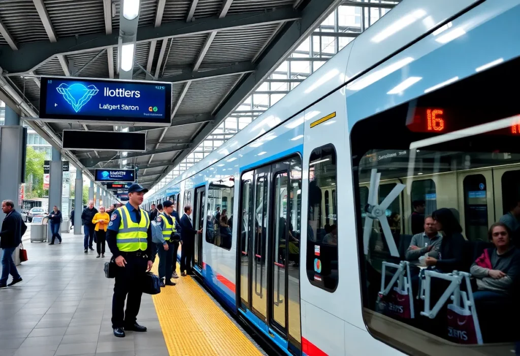 Light rail station in Charlotte with security personnel and riders