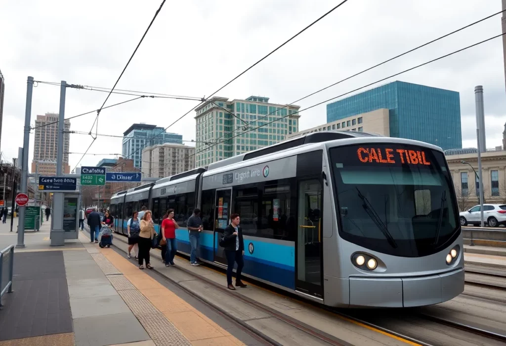 Crowded light rail station in Charlotte showcasing public transportation.