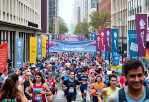 Runners participating in the Charlotte Marathon with spectators cheering.