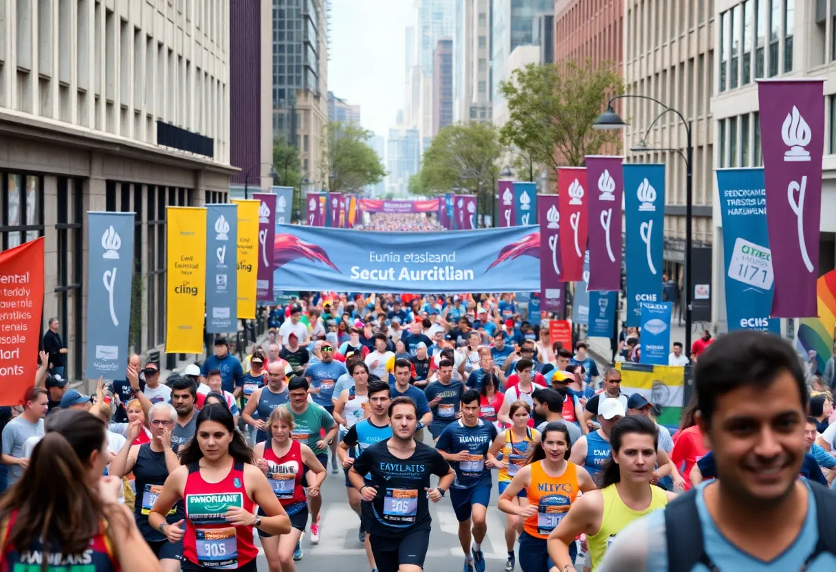 Runners participating in the Charlotte Marathon with spectators cheering.