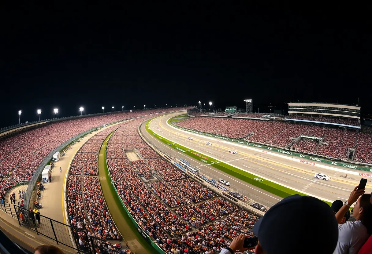 Racing cars on the oval track at Charlotte Motor Speedway during a NASCAR event.