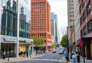 A bustling urban scene in Charlotte, NC, highlighting local businesses and TowneBank branches.
