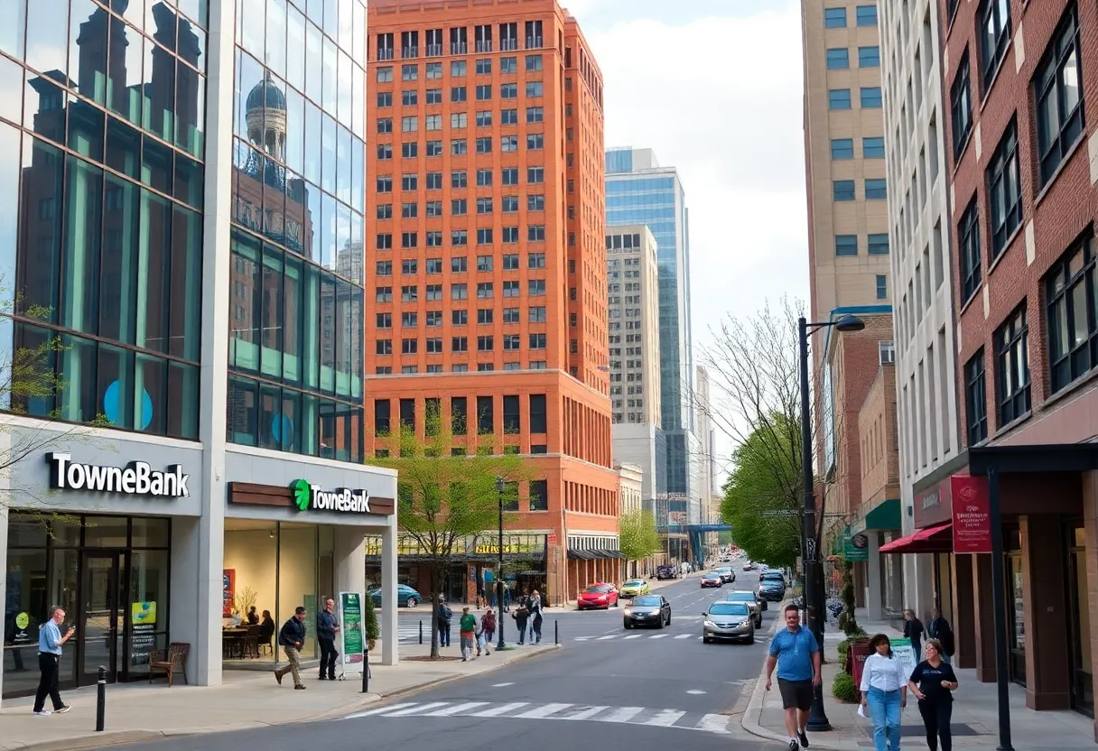 A bustling urban scene in Charlotte, NC, highlighting local businesses and TowneBank branches.
