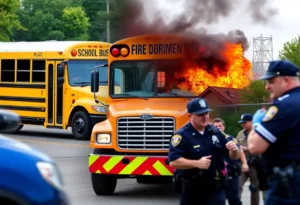 Collage of recent events in Charlotte NC including a school bus and fire department response.
