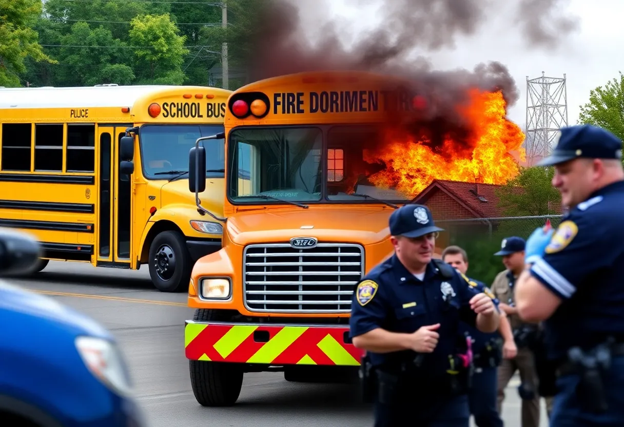 Collage of recent events in Charlotte NC including a school bus and fire department response.
