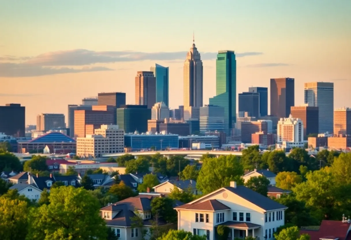 Charlotte NC skyline with homes and businesses