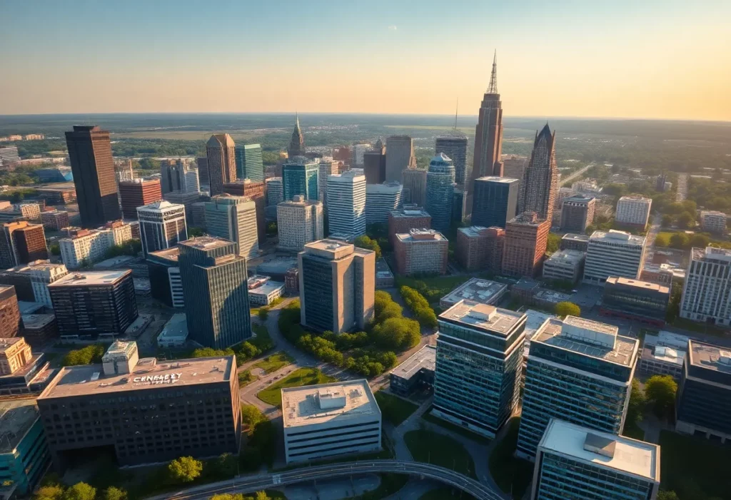 Aerial view of the skyline of Charlotte, North Carolina with green spaces.