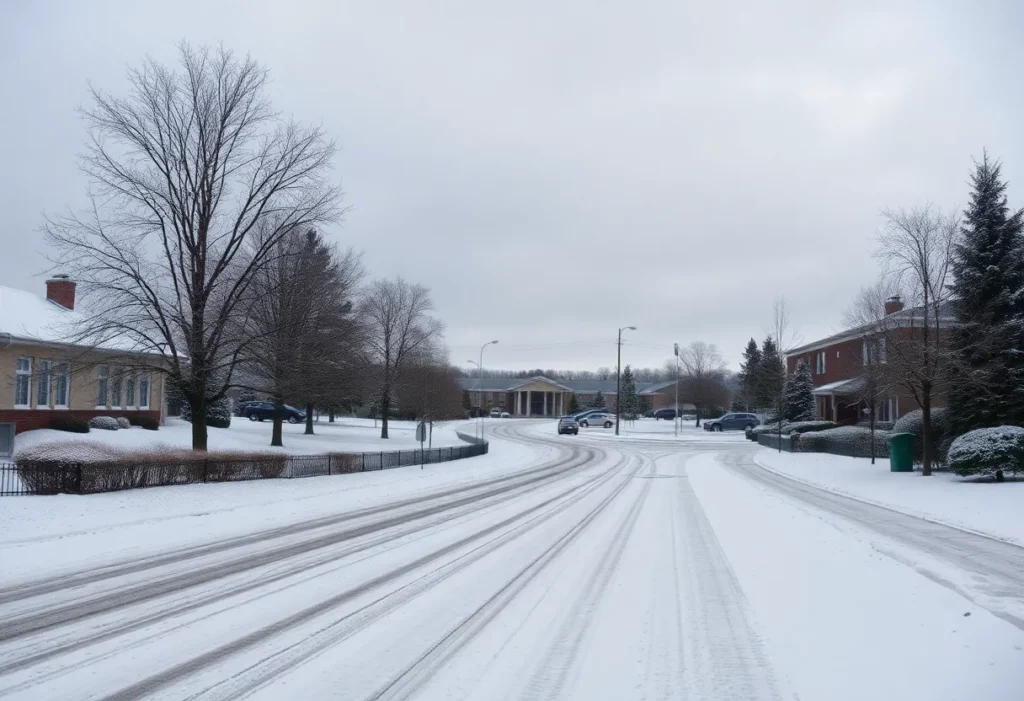 Snowy scene in Charlotte NC with school and trees
