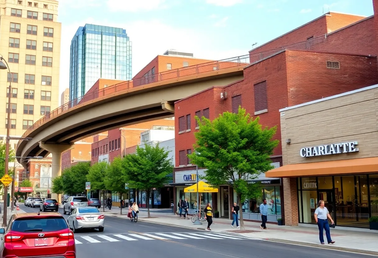 A modern urban landscape in Charlotte with community development and businesses
