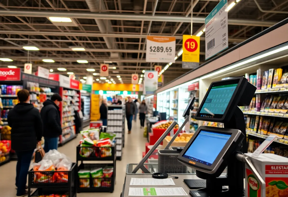 Retail checkout register with price tags in Charlotte showing price scanning.